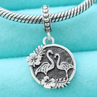 925 Sterling Silver Flamingo Charm Dangle Hibiscus Flower Fit European Bracelet