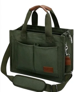 Large Canvas Tote Bag with Zipper & Compartments Crossbody Work Bag Olive Green - Picture 1 of 2