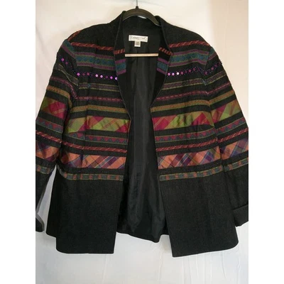 Chaqueta Coldwater Creek para mujer W18 negra colorida adornada frente abierto Foto 1 de 3