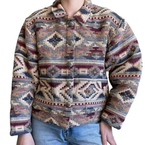 Vintage Womens 90s Tan Trums Geometric Southwestern Boho Aztec Cropped Jacket - Picture 1 of 9