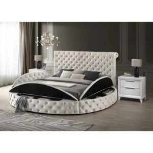 Unique Round Plush Ivory Velvet Button-Tufted Detailing Storage Bed King Siz - Picture 1 of 68