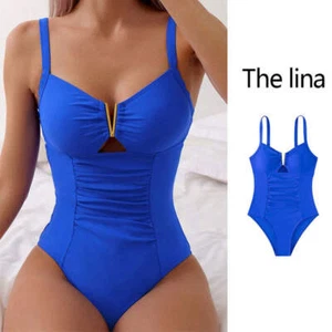New V-neck Hollow One-piece Bikini Beach Fashion Pleated Belly Slimming Swimsuit - Picture 1 of 27