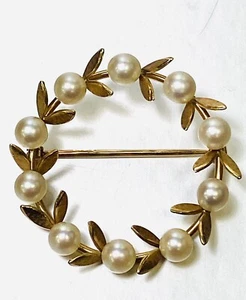 Vintage 14K Yellow Gold Seed Pearl Wreath Brooch Pin Signed. 35mm - Picture 1 of 18