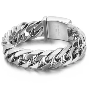 16mm Men's Silver Polished 316L Stainless Steel Curb Cuban Chain Link Bracelet - Picture 1 of 4