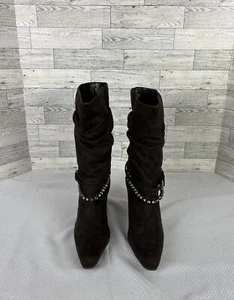 New Port News Women’s Brown Strap High Heel Pointed Toe Mid Calf Boots Size 7.5 - Picture 1 of 8
