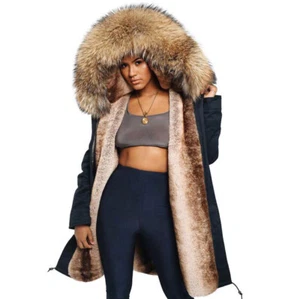 Women Winter Raccoon Fur Collar Hooded Coats Winter Parka Warm Long Jacket--Gift - Picture 1 of 33