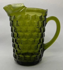 VTG Whitehall Indiana Colony Avocado Green Cubist Glass Pitcher w/Ice Lip 50 oz - Picture 1 of 11
