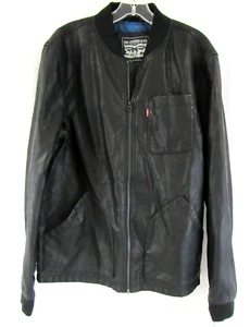 Levis Black Faux Leather Jacket Men's Macys Exclusive Blue Flannel Lined Small - Picture 1 of 7
