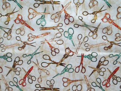 SCISSORS SEWING ITEMS HAIR SCISSOR VARIETY COLORS TAN INLAY COTTON FABRIC FQ - Image 1 of 4