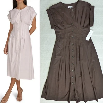 CALVIN KLEIN Cotton Pleated Waist Short Sleeve A-line Midi Shirt Dress BROWN s 4 - Image 1 of 4