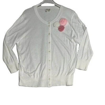Madison Womens White Cardigan With Floral Appliqué Size L Cotton & Nylon - Image 1 of 4