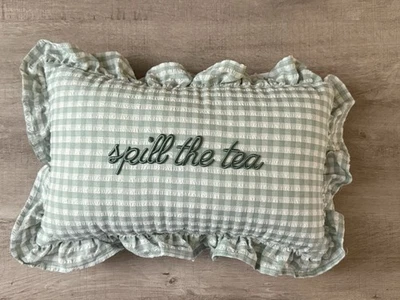 Stylehouse ‘Spill the tea’ Green White Gingham Embroidered Pillow NWT - Image 1 of 4