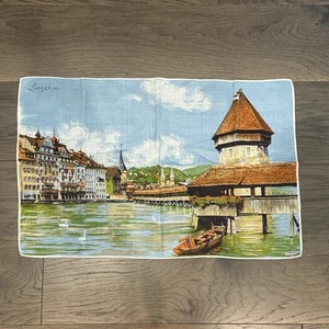 Vintage Luzern Switzerland Tea Towel Kreier Kapellbrucke Bridge Souvenir Linen - Picture 1 of 5