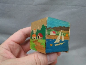 Puzzle cubo in legno vintage dipinto a mano scene rurali metà secolo - Foto 1 di 6