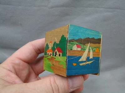 Vintage Wooden Cube Puzzle Hand-Painted Rural Scenes Mid-Century - Image 1 of 4