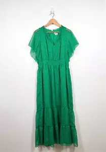 Whistles Dress Size 14 Green Midi Sketched Floral Frill Chiffon Lined Occasion - Picture 1 of 8
