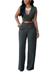 Women Wide Leg Jumpsuits Loose V Neck Rompers Long Pants Belted Overalls Body