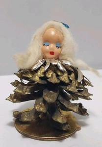Vtg Elf Pixie Gold Pinecone Lady Composite Face Ornament Cotton Hair Aluminum - Picture 1 of 14