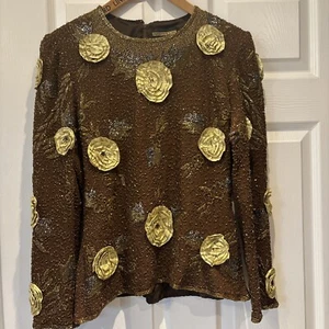 VINTAGE BROWN SILK HEAVILY BEADED AND GOLD EMBELLISHED TOP SIZE M Read DESCRPTN - Picture 1 of 21