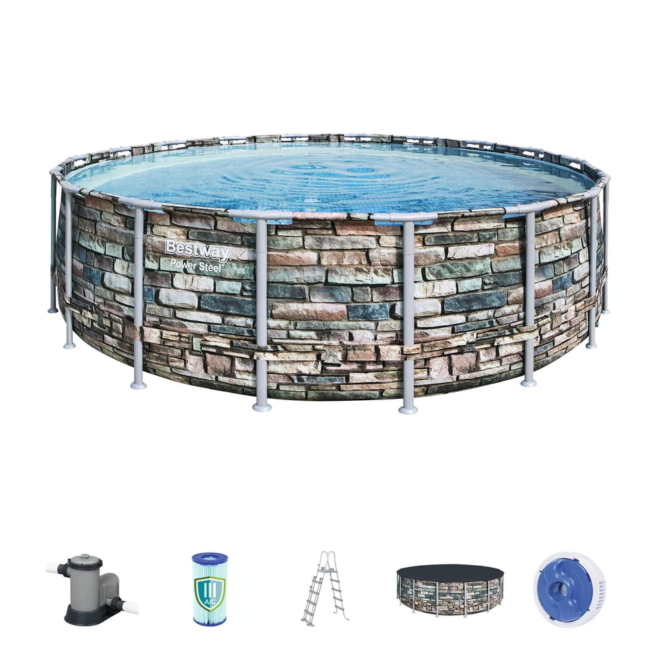 Bestway Power Steel Frame Pool Komplett-Set mit Filterpumpe, rund - 549x132cm, Stein-Optik (56886_21)