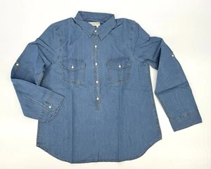 NEU The Territory Ahead Damen blau Baumwolle Chambray 5-Knopf Pullover Shirt M - Bild 1 von 8
