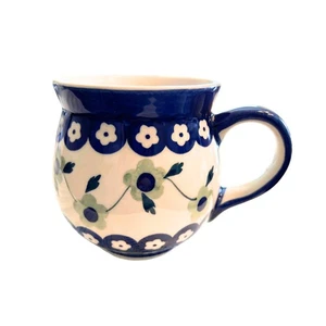 Polish Pottery Style Blue Floral Ceramic Mug Handmade Country Kitchen Decor - Picture 1 of 3