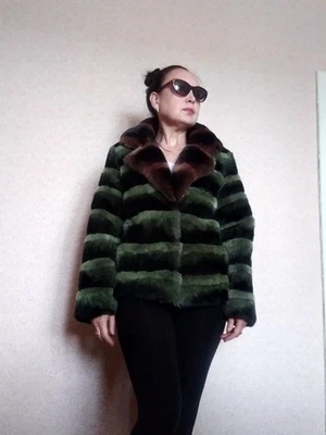 Real Rex rabbit fur jacket for women Green rabbit fur jacket with brown collar. - Image 1 of 4