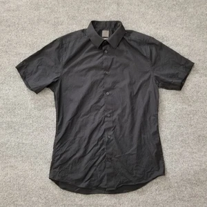 H&M Slim Fit Men Shirt Medium 15 3/4 Solid Black Button Down Short Sleeve Cotton - Picture 1 of 14