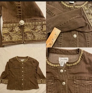 Live A Little Sz L Brown Denim Jacket Boho Western Embroidery Stretch - Picture 1 of 11