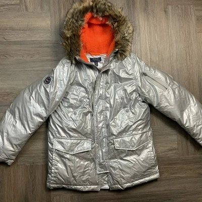 Polo Ralph Lauren Parka Boys Medium 10/12 Metallic Silver Orange Fur Hood Retro - Image 1 of 4