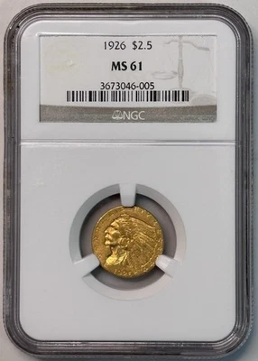 1926 Indian Head $2-1/2 Quarter Eagle Gold Coin, NGC MS61, NICE!! - Image 1 of 3