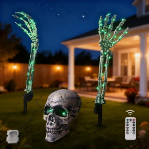 Halloween Decorations Skeleton Stakes Lighted Set -Skull & Hands with LED Light - Picture 1 of 8