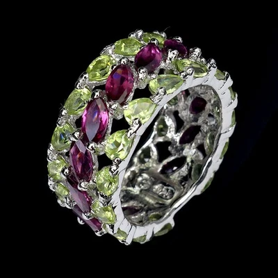 925 Sterling Silver Ring Marquise Rhodolite Peridot Natural Gemstone Jewelry Sz  - Image 1 of 4