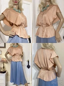 High Shine LIQUID SATIN Caped Back Flutter Sleeve 40s Deco Style Peplum Blouse - Picture 1 of 24
