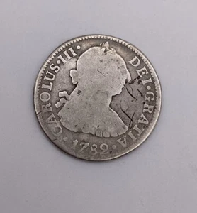 Moneda de Plata 1782 2 Reales España México Casa de la Moneda Ciudad de México Antigua Moneda Barco Pirata - Imagen 1 de 4