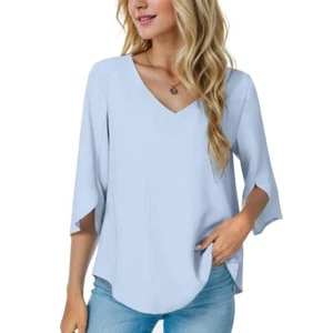 Women's Summer 3/4 Sleeve Tops Chiffon Work Blouse V-Neck Dressy Casual Shirts - Picture 1 of 17