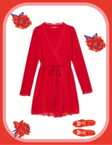Medium Large Victorias Secret Lipstick HOT RED Modal Lace Trim Tie Waist Robe - Picture 1 of 11