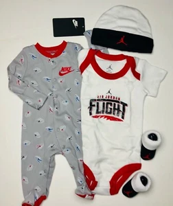 NIKE/JORDAN Baby Boys 4Pc GIFT SET: Coverall, Bodysuit, Cap & Booties, 0-6Months - Picture 1 of 4