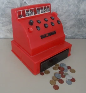Vintage Red Plastic & Metal Tom Thumb Western Stamping Toy Cash Register & Coins - Picture 1 of 7