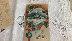Antique Enbossed Holly winter scene church a joyful New Year Post Card 1910 - Picture 1 of 12