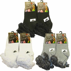 GIRLS 3 PAIRS lace top frilly  ANKLE TRAINER SOCKS SCHOOL SIZE 4-20 years - Picture 1 of 1