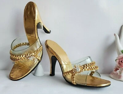 Vintage 50s 60s Gold Lucite Heels Sz 4 AB Crystal accents Braided gold leather - Image 1 of 4