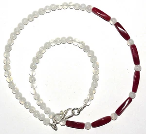 925 Fine Silver Coral-Moonstone Gemstone 5-14 mm Beads 24" Strand Necklace QAW54 - Picture 1 of 4