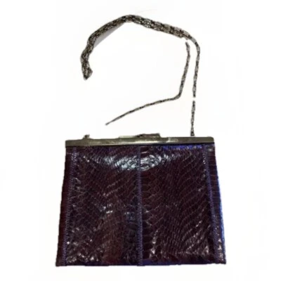 MARGOLM Cartera Bolso sin asas Bolso de mano Años 70 Italia Piel de serpiente Marrón Kisslock Hombro De colección Foto 1 de 4