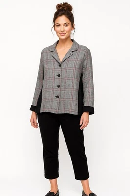 FLAX Size M Jacket 100% Linen Button Front Blazer Lagenlook Plaid - Image 1 of 4