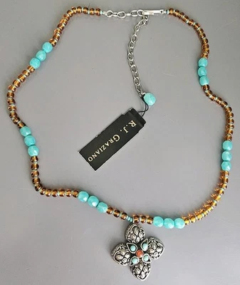R. J. Graziano Beaded Turquoise & Carnelian Cross Silver Tone Necklace Vtg New  - Image 1 of 4