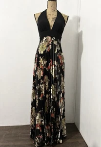 Maxi Vestido BETSY & ADAM Halter Negro Floral Plisado Talla 6 - Imagen 1 de 11