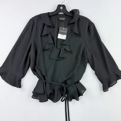 Blusa Topshop Volantes Corbata Cintura Manga 3/4 Top Negra Talla US 10 - NUEVA CON ETIQUETAS Foto 1 de 4