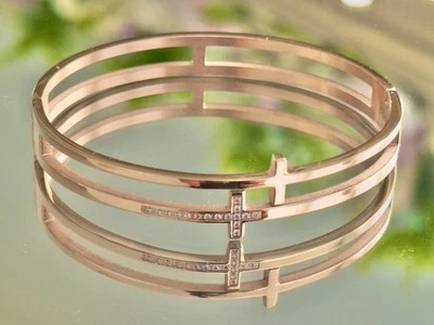 Rose Gold Plated French Cross Crystal Bangle Bracelet Art Deco Nouveau Men Women - Image 1 of 4