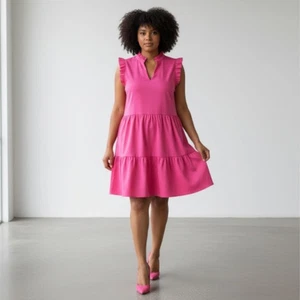 Vestido Mud Pie Rosa Imitación Cuero Pradera Cambio Talla M Volantes en Niveles Barbiecore - Imagen 1 de 10